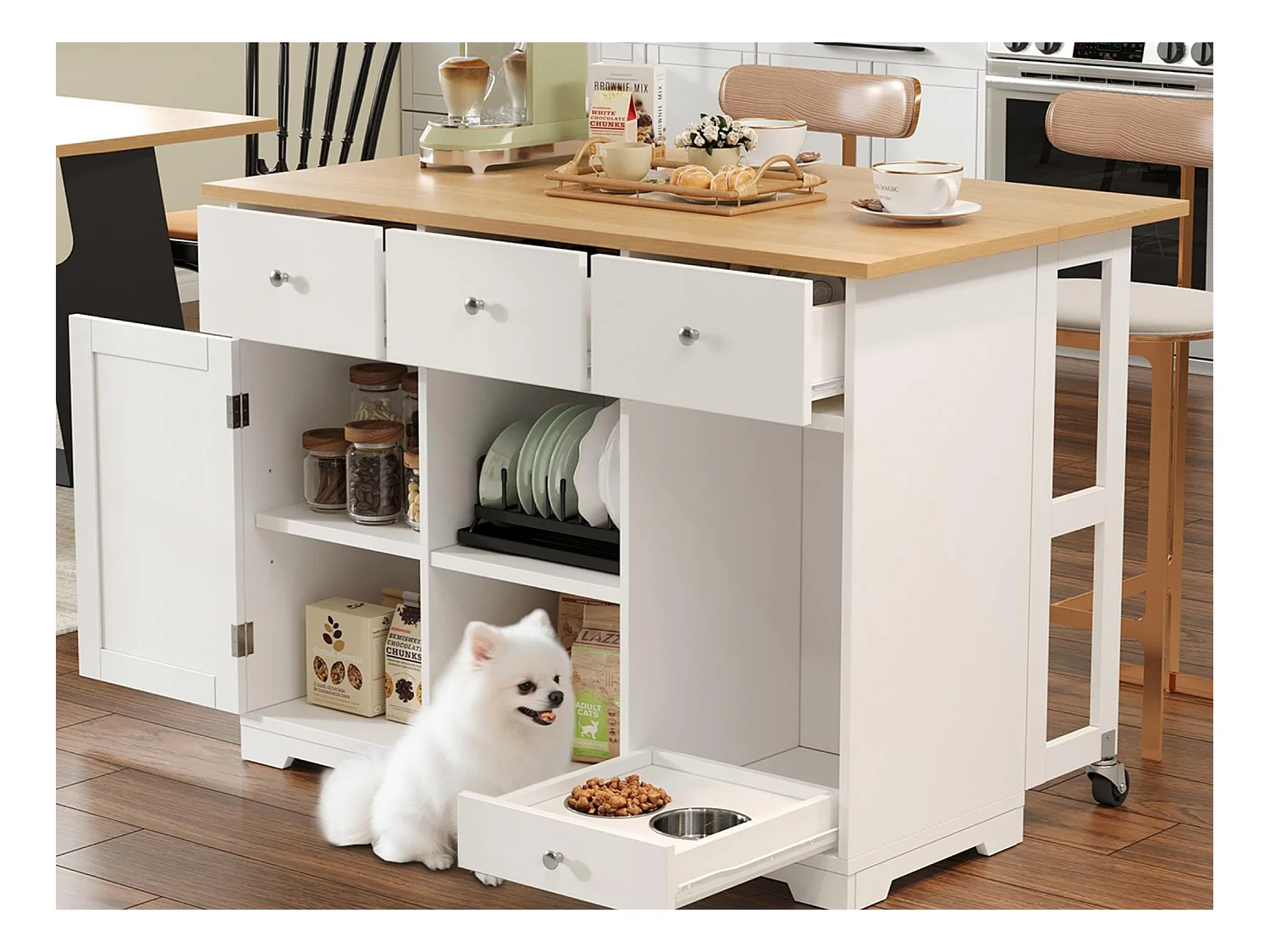Îlot central de cuisine mobile 120x70x90cm - avec 4 tiroirs et 1 porte - avec 2 gamelles pour animaux - étagères réglables - blanc