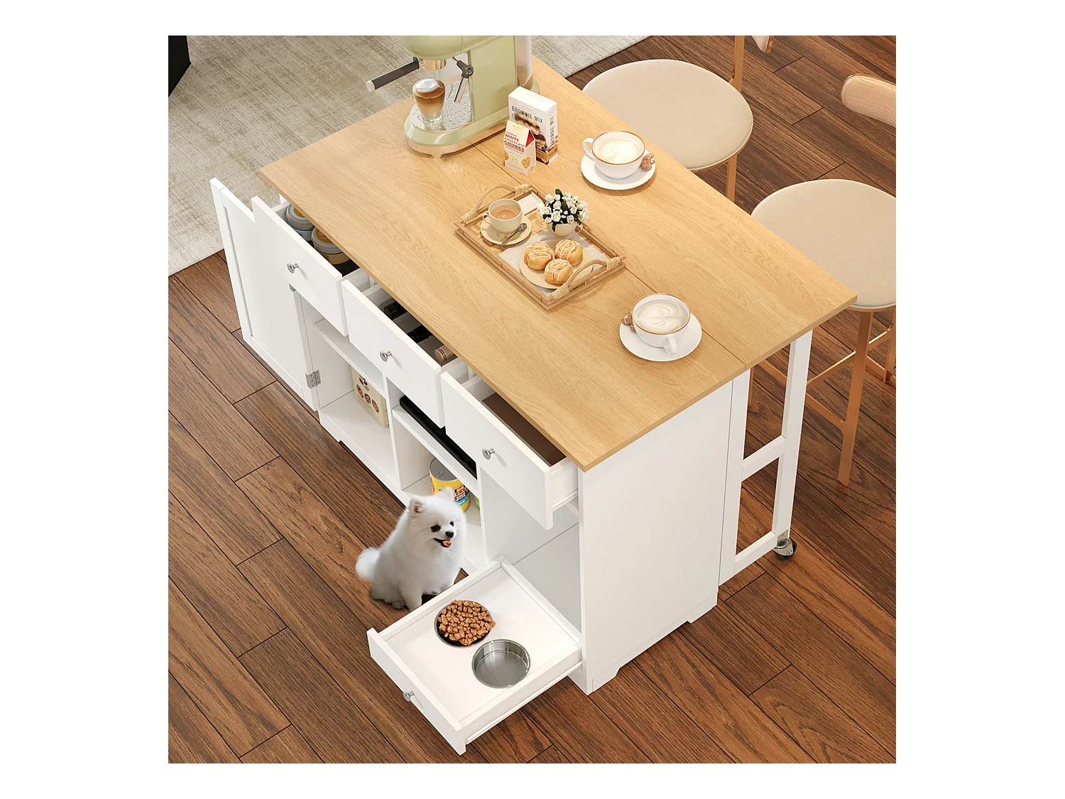 Îlot central de cuisine mobile 120x70x90cm - avec 4 tiroirs et 1 porte - avec 2 gamelles pour animaux - étagères réglables - blanc