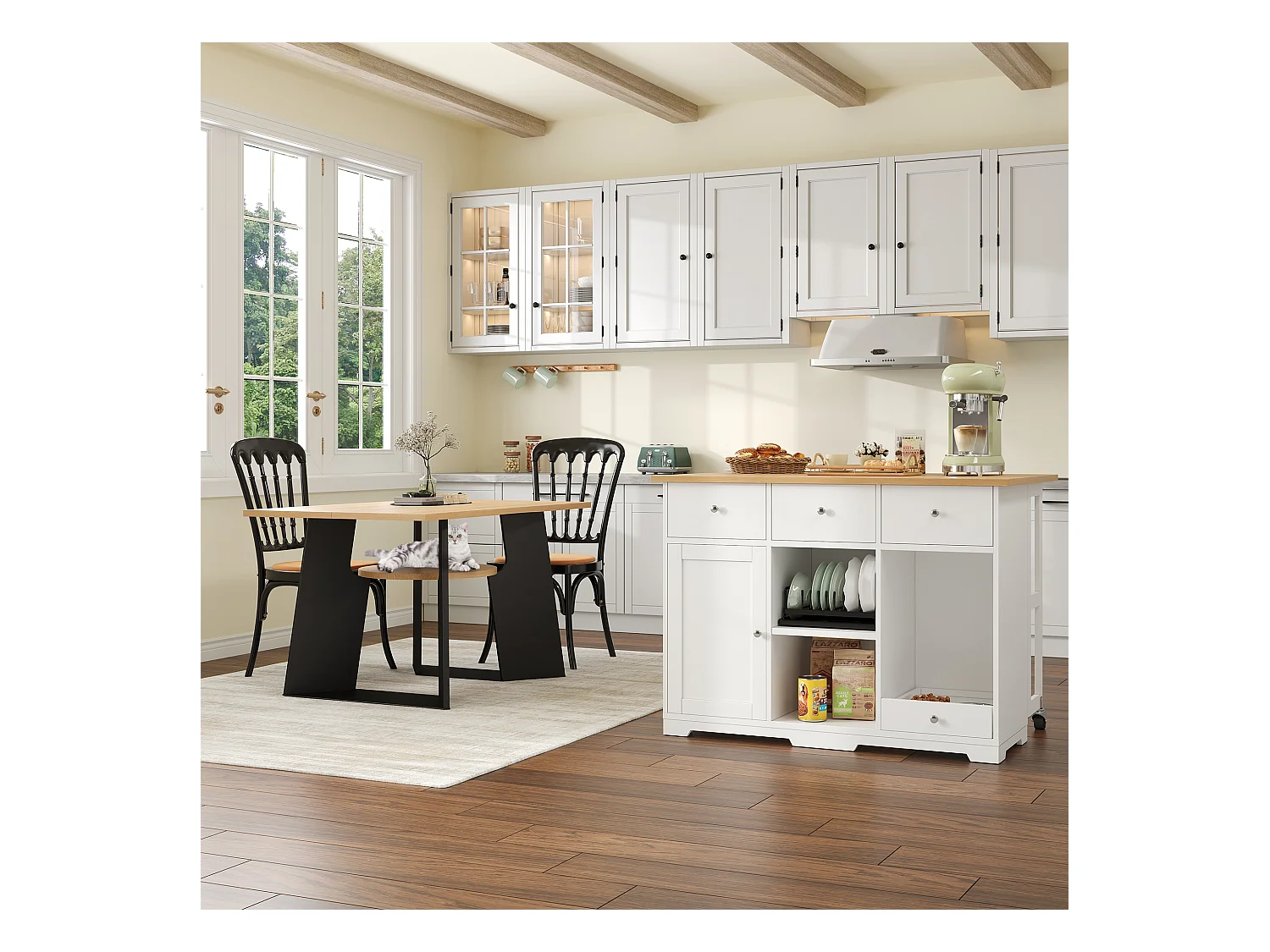 Îlot central de cuisine mobile 120x70x90cm - avec 4 tiroirs et 1 porte - avec 2 gamelles pour animaux - étagères réglables - blanc