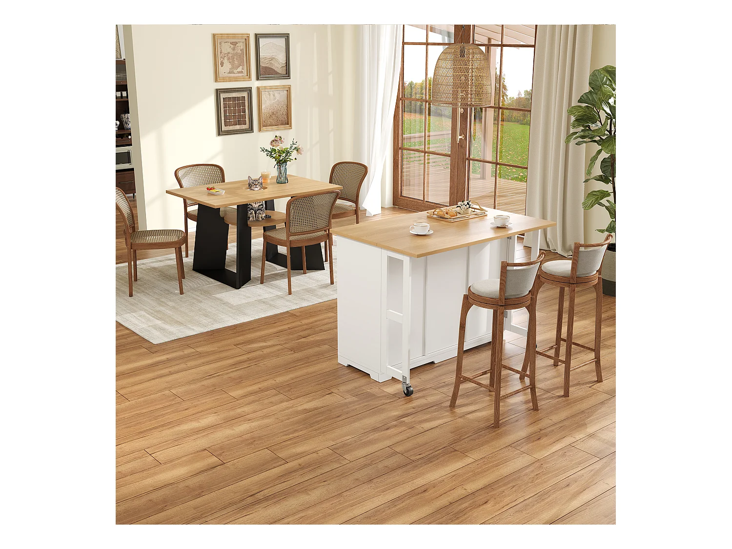 Îlot central de cuisine mobile 120x70x90cm - avec 4 tiroirs et 1 porte - avec 2 gamelles pour animaux - étagères réglables - blanc