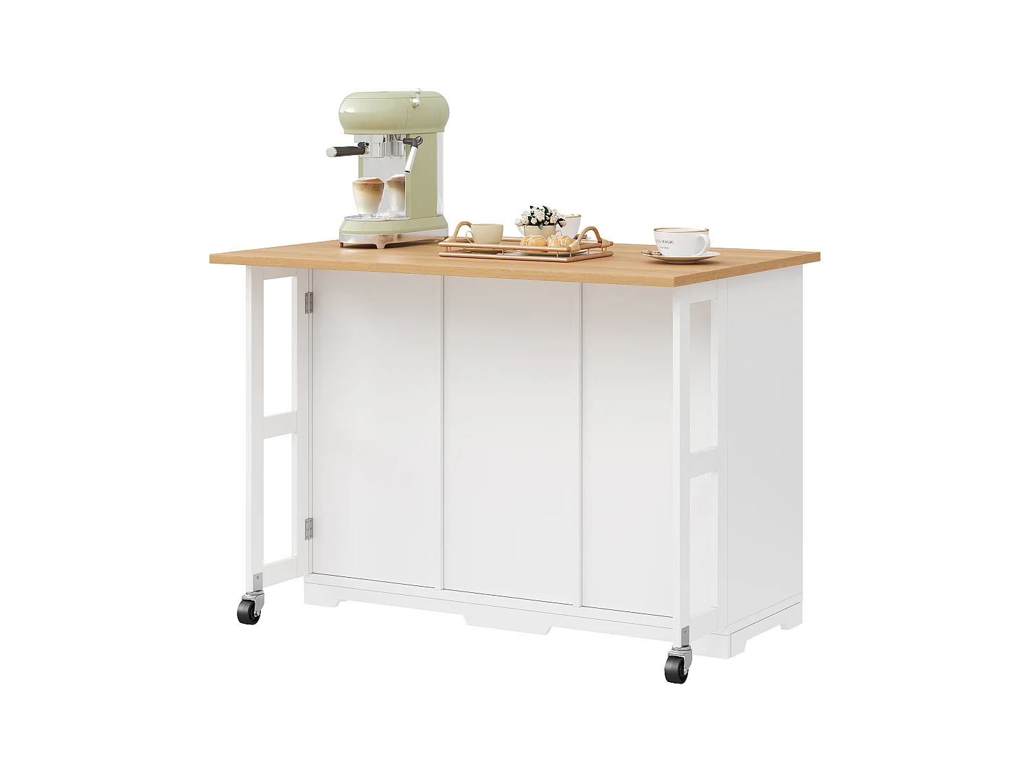 Îlot central de cuisine mobile 120x70x90cm - avec 4 tiroirs et 1 porte - avec 2 gamelles pour animaux - étagères réglables - blanc