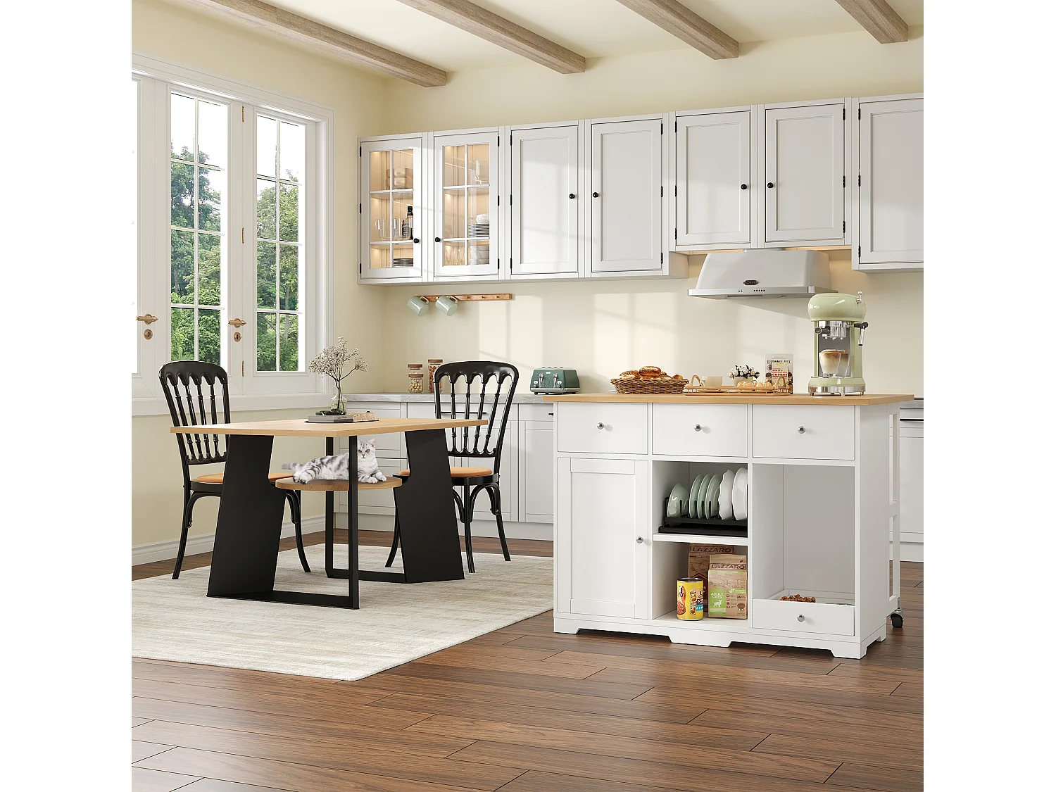 Îlot central de cuisine mobile 120x70x90cm - avec 4 tiroirs et 1 porte - avec 2 gamelles pour animaux - étagères réglables - blanc