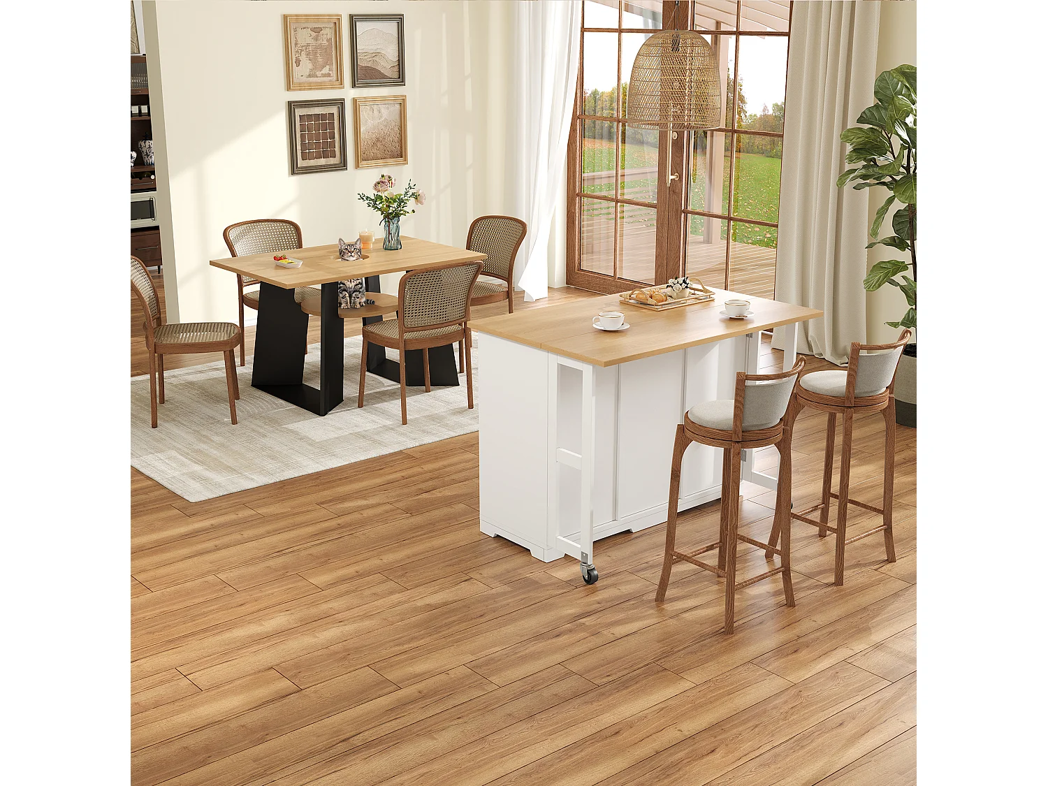 Îlot central de cuisine mobile 120x70x90cm - avec 4 tiroirs et 1 porte - avec 2 gamelles pour animaux - étagères réglables - blanc