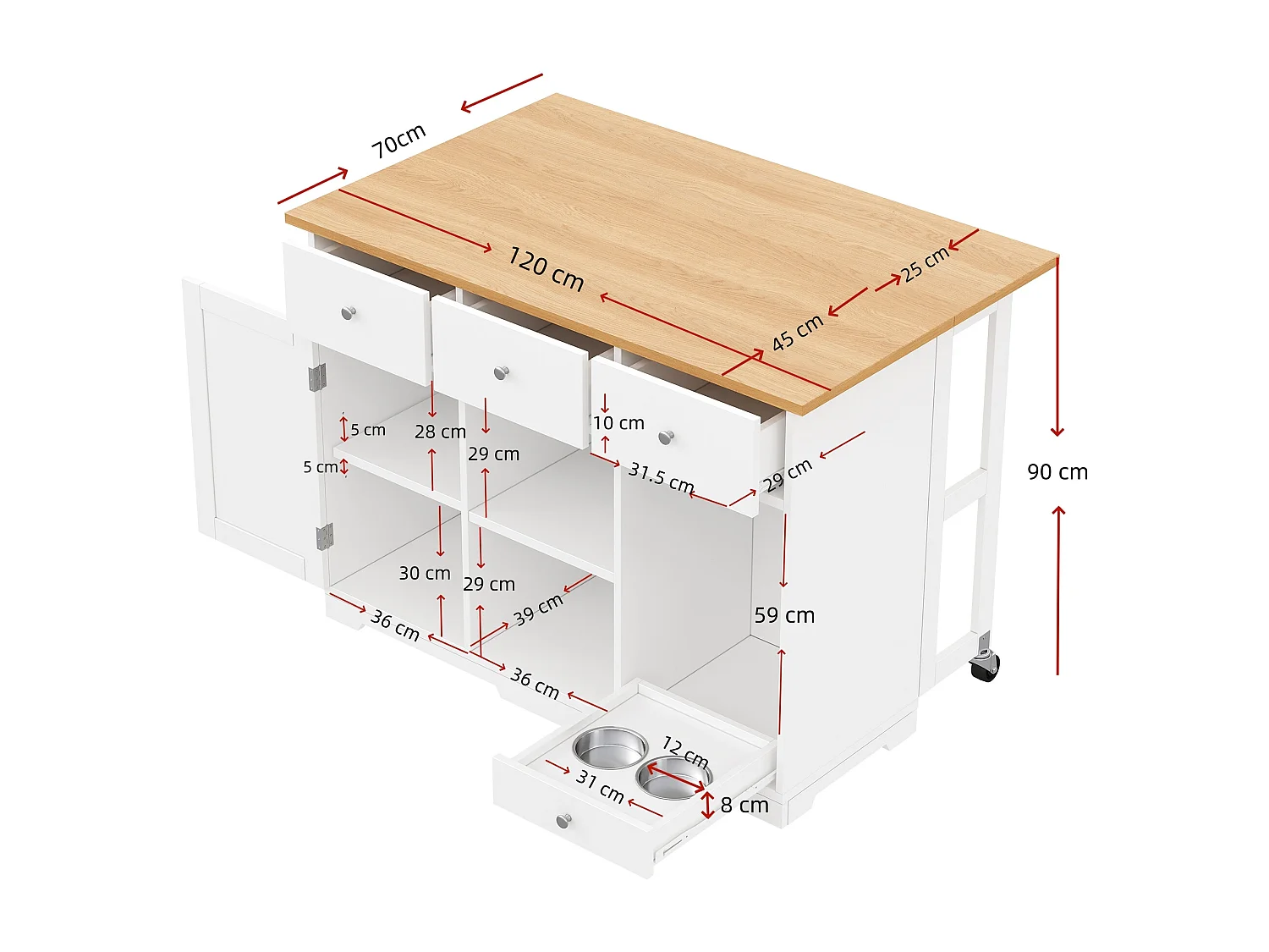 Îlot central de cuisine mobile 120x70x90cm - avec 4 tiroirs et 1 porte - avec 2 gamelles pour animaux - étagères réglables - blanc