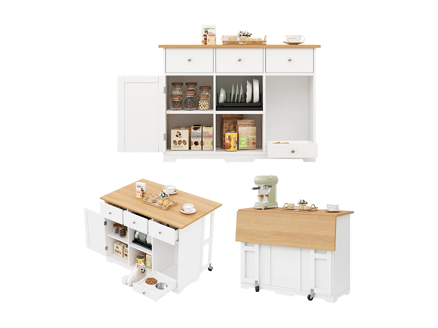 Îlot central de cuisine mobile 120x70x90cm - avec 4 tiroirs et 1 porte - avec 2 gamelles pour animaux - étagères réglables - blanc