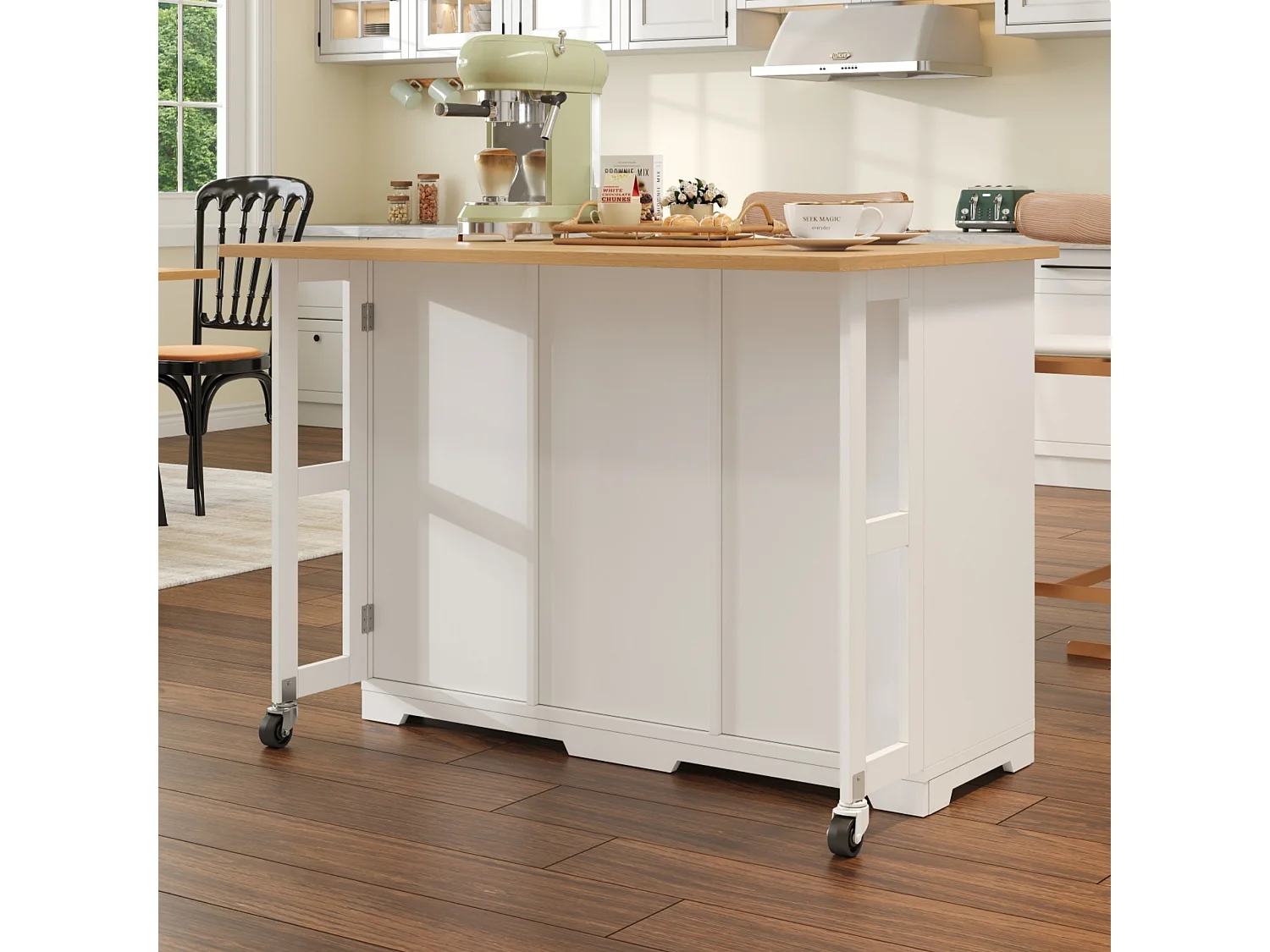 Îlot central de cuisine mobile 120x70x90cm - avec 4 tiroirs et 1 porte - avec 2 gamelles pour animaux - étagères réglables - blanc