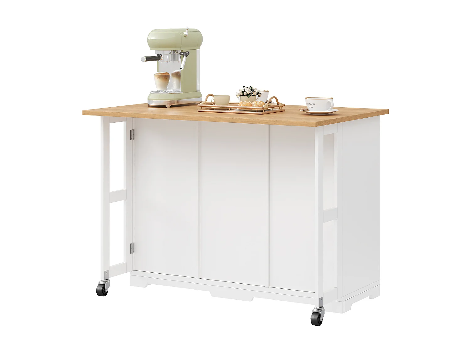 Îlot central de cuisine mobile 120x70x90cm - avec 4 tiroirs et 1 porte - avec 2 gamelles pour animaux - étagères réglables - blanc