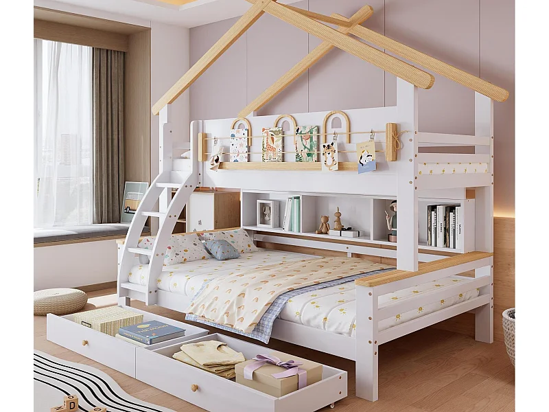 Stapelbed 90x200cm + 120x200cm - met 2 lades - met open planken - schuine ladder met 4 treden - Massief hout + MDF - Wit + Natuur