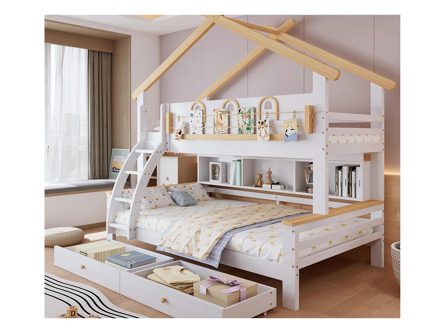 Litera 90x200cm + 120x200cm - con 2 cajones - con estantes abiertos - escalera inclinada de 4 peldaños - Madera maciza + MDF - Blanco + Natural
