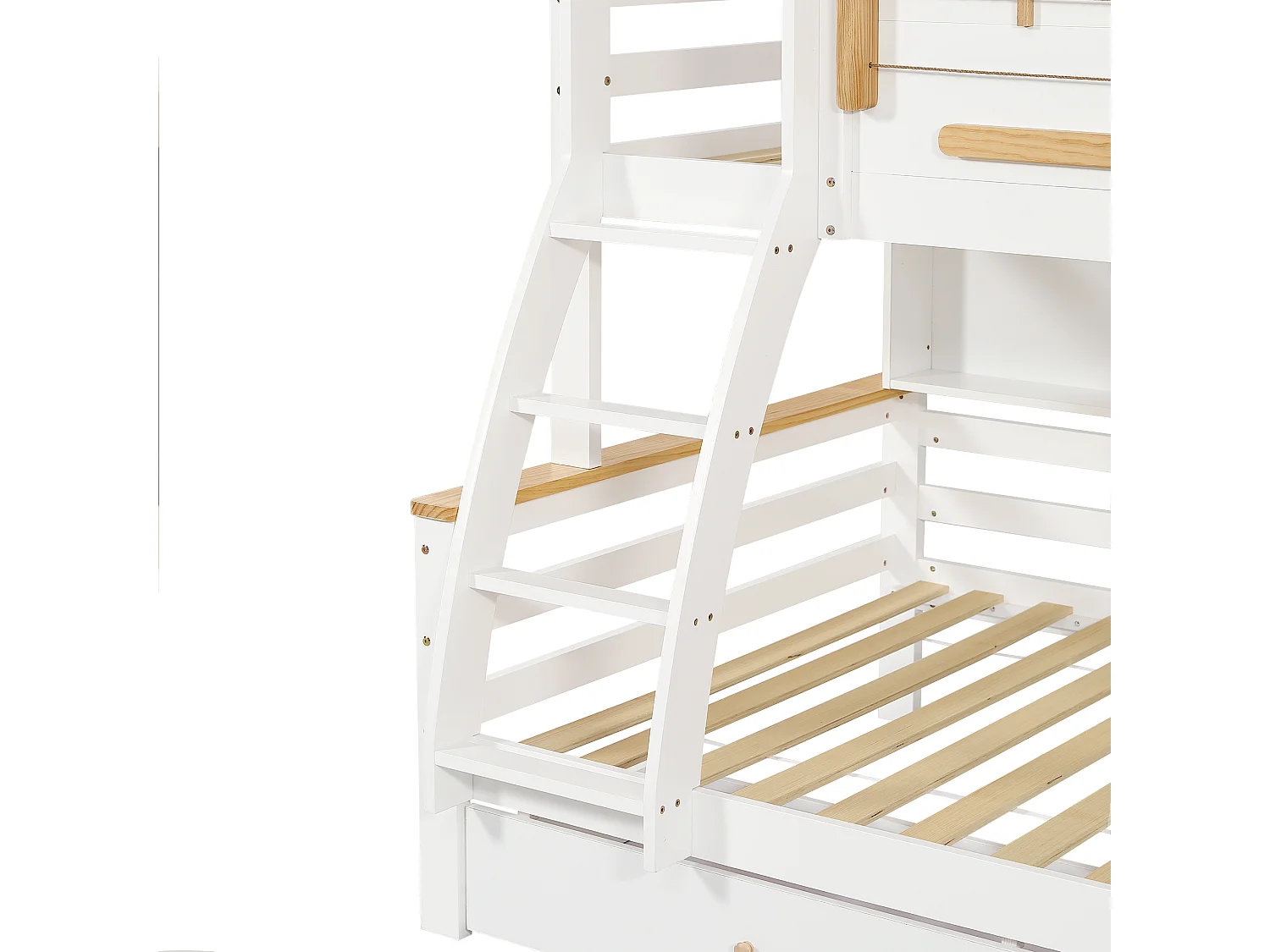 Litera 90x200cm + 120x200cm - con 2 cajones - con estantes abiertos - escalera inclinada de 4 peldaños - Madera maciza + MDF - Blanco + Natural