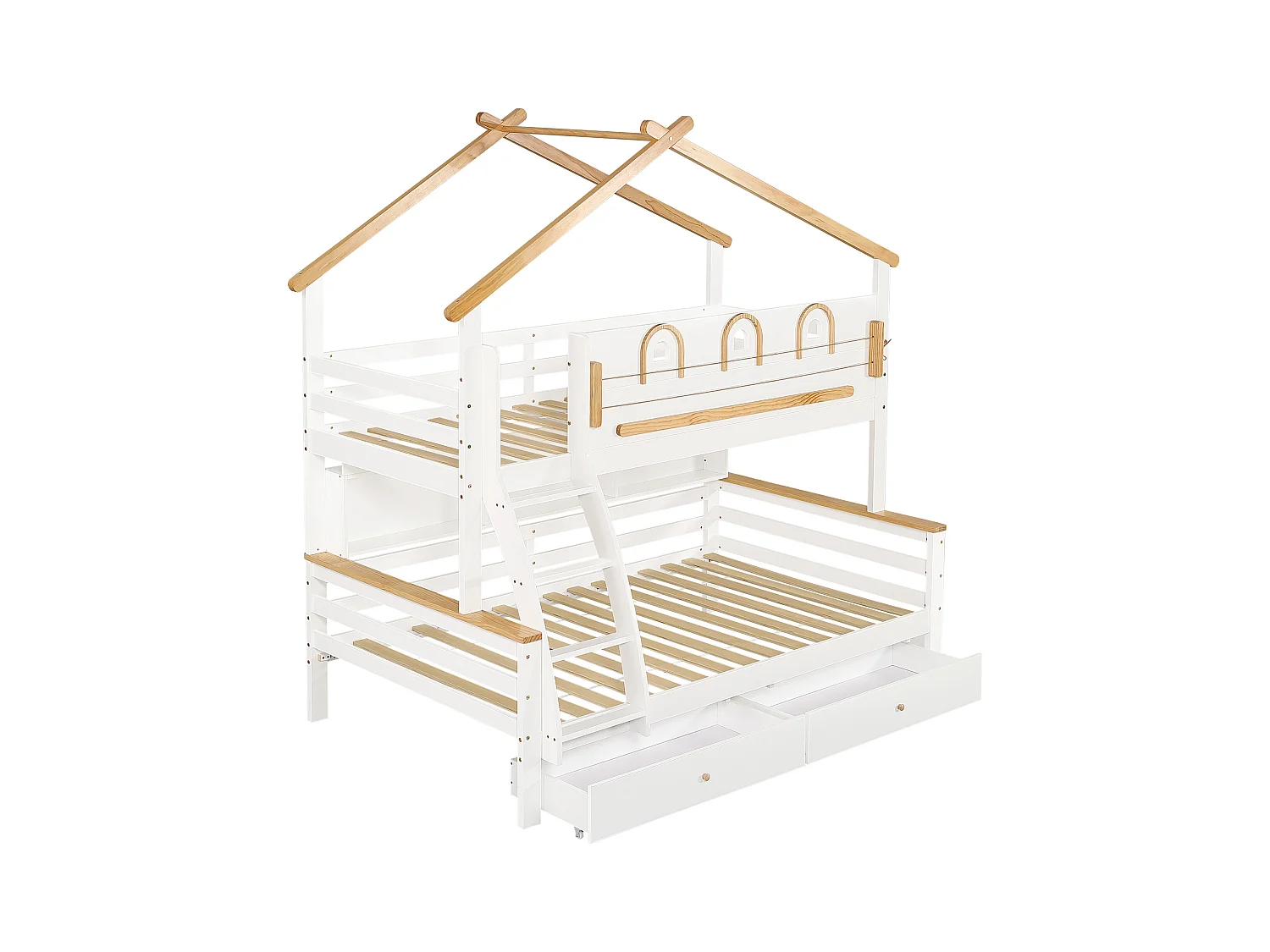 Letto a castello 90x200cm + 120x200cm - con 2 cassetti - con ripiani aperti - scala inclinata a 4 gradini - Legno massello + MDF - Bianco + Naturale