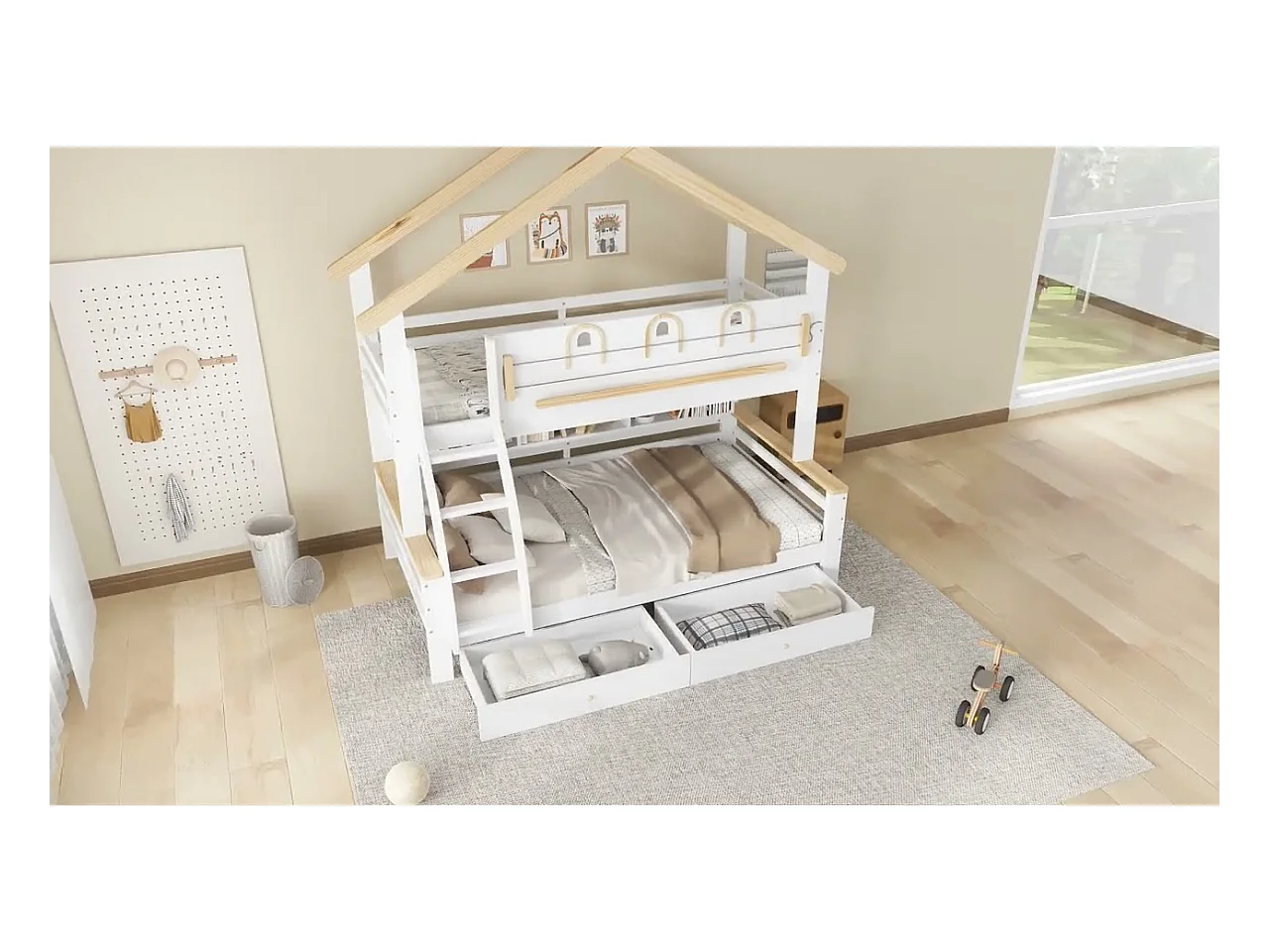 Letto a castello 90x200cm + 120x200cm - con 2 cassetti - con ripiani aperti - scala inclinata a 4 gradini - Legno massello + MDF - Bianco + Naturale