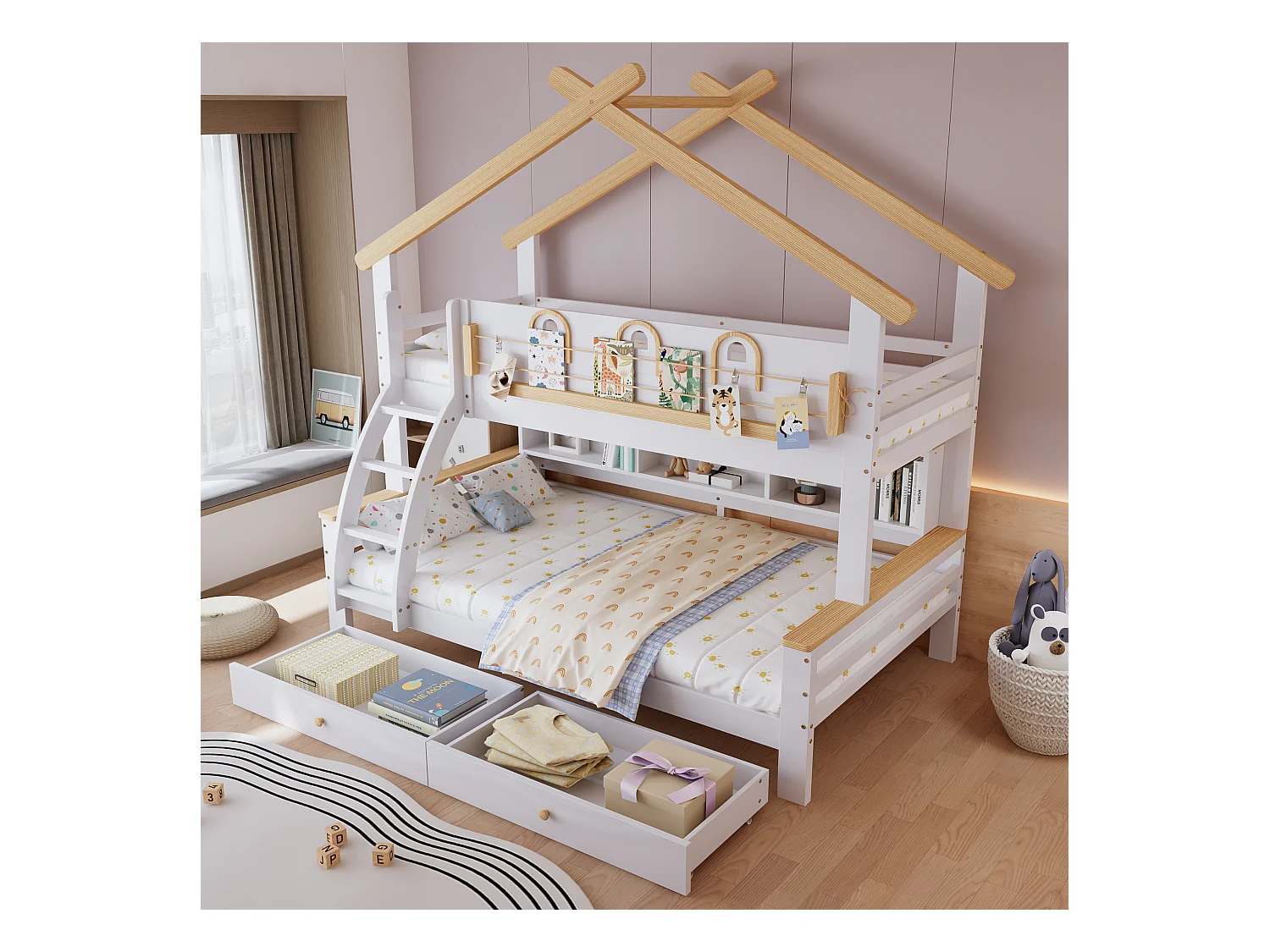 Letto a castello 90x200cm + 120x200cm - con 2 cassetti - con ripiani aperti - scala inclinata a 4 gradini - Legno massello + MDF - Bianco + Naturale