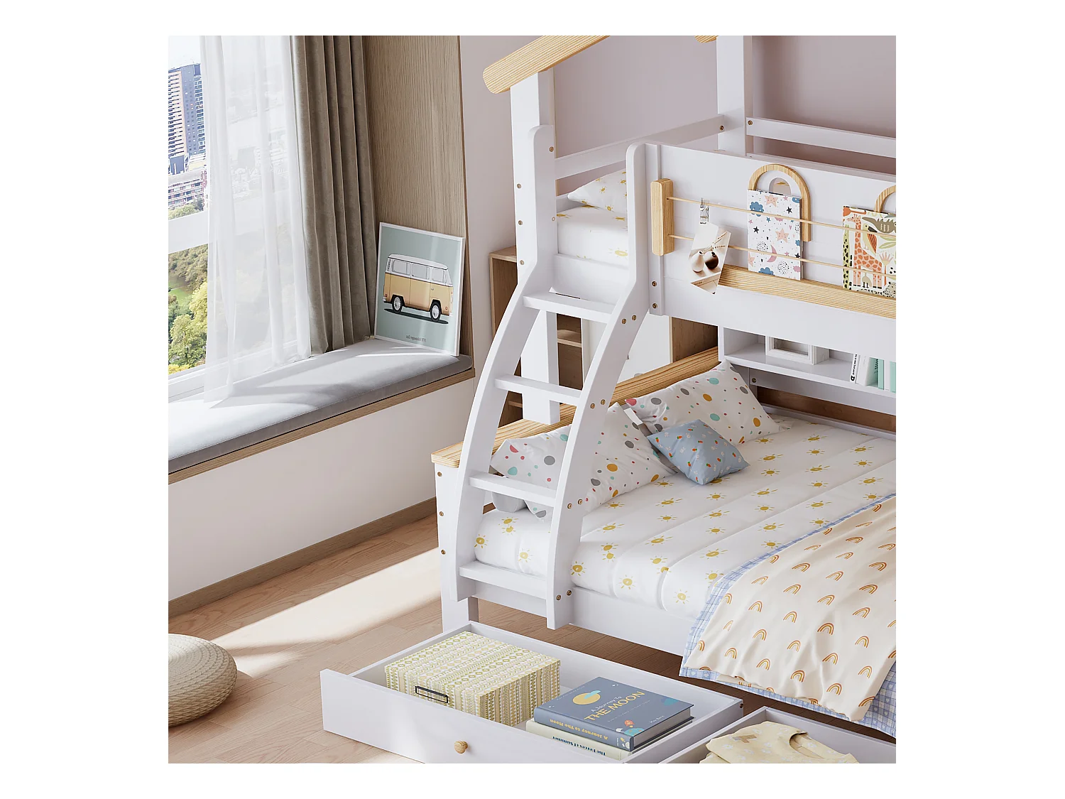 Letto a castello 90x200cm + 120x200cm - con 2 cassetti - con ripiani aperti - scala inclinata a 4 gradini - Legno massello + MDF - Bianco + Naturale