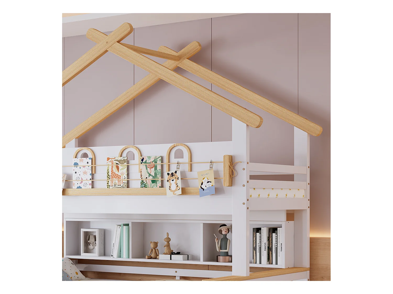 Letto a castello 90x200cm + 120x200cm - con 2 cassetti - con ripiani aperti - scala inclinata a 4 gradini - Legno massello + MDF - Bianco + Naturale