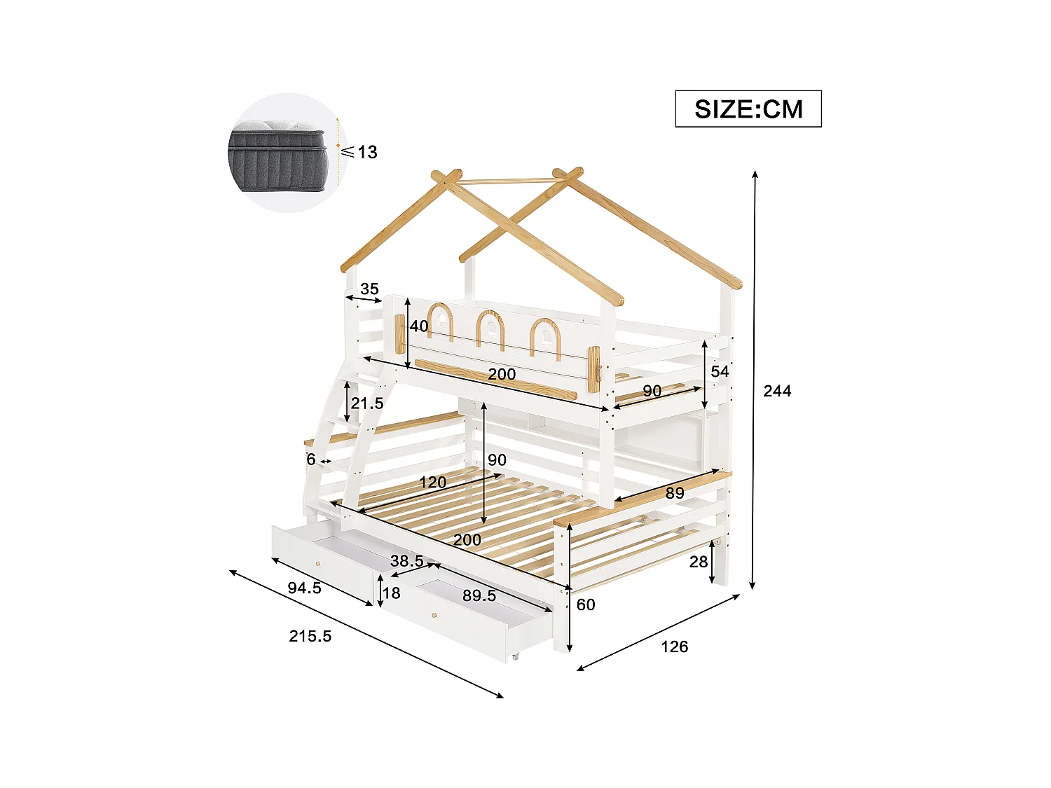 Letto a castello 90x200cm + 120x200cm - con 2 cassetti - con ripiani aperti - scala inclinata a 4 gradini - Legno massello + MDF - Bianco + Naturale