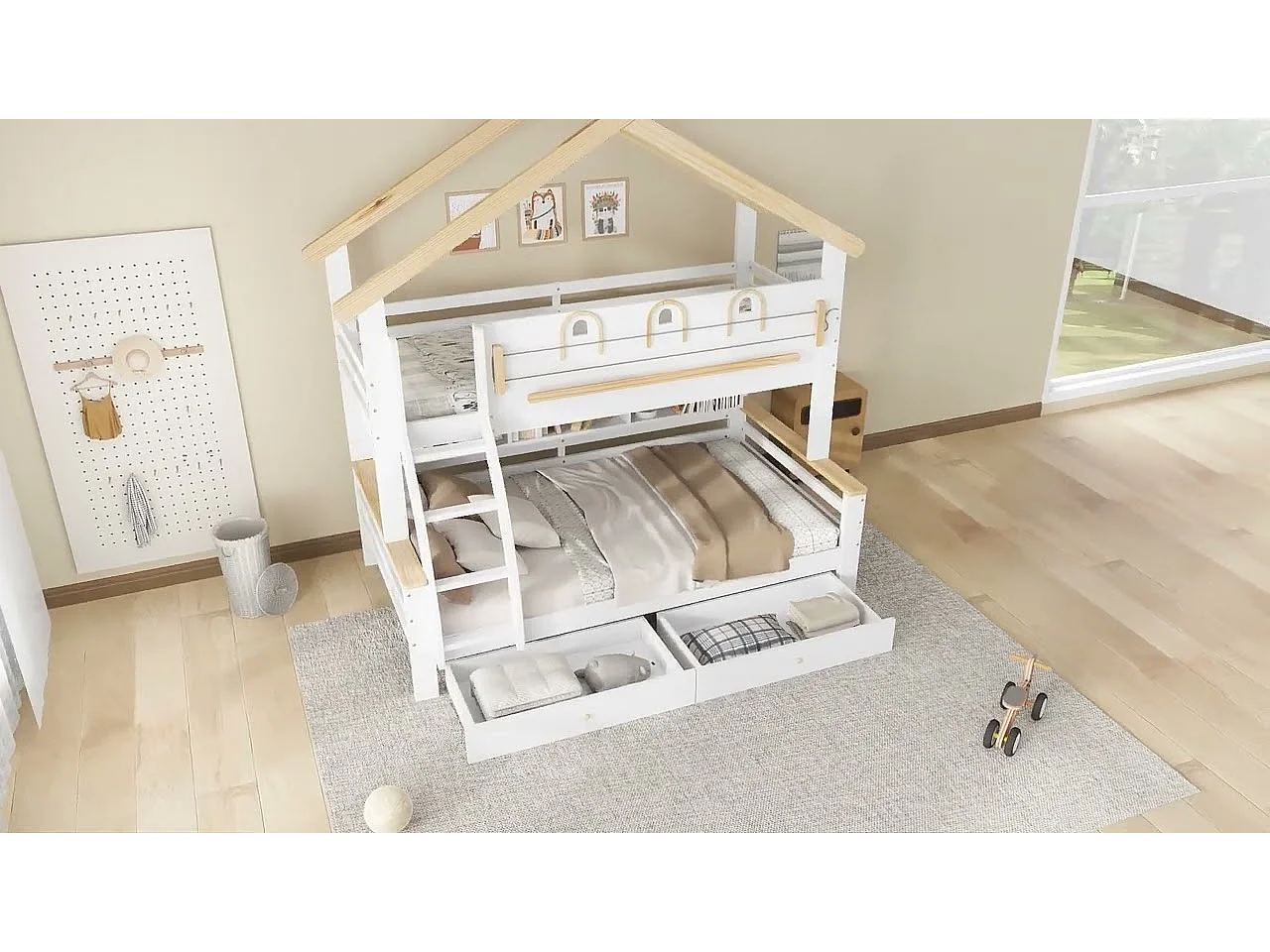 Køjeseng 90x200cm + 120x200cm - med 2 skuffer - med åbne hylder - 4-trins skrå stige - Massivt træ + MDF - Hvid + Naturlig