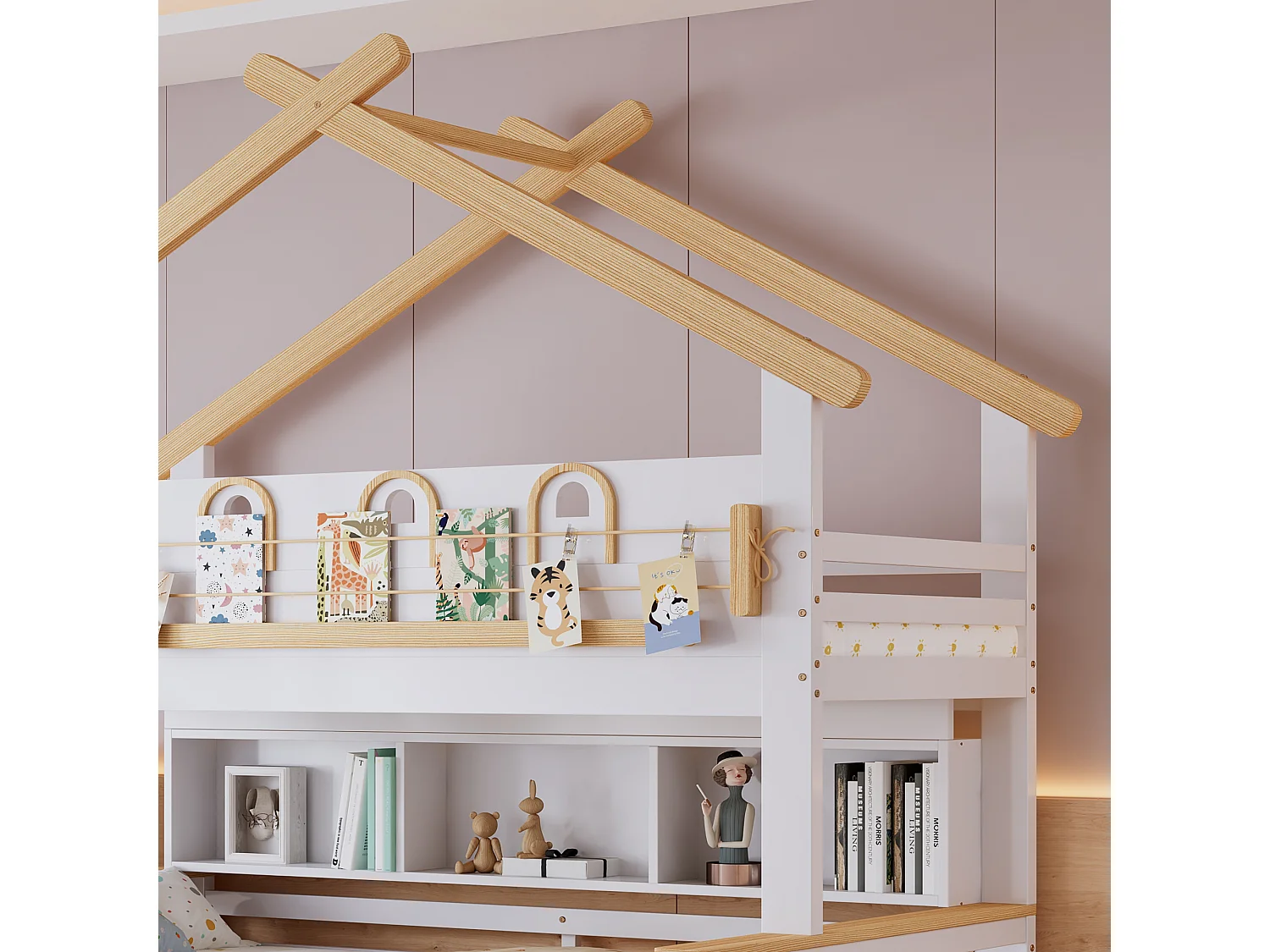Køjeseng 90x200cm + 120x200cm - med 2 skuffer - med åbne hylder - 4-trins skrå stige - Massivt træ + MDF - Hvid + Naturlig