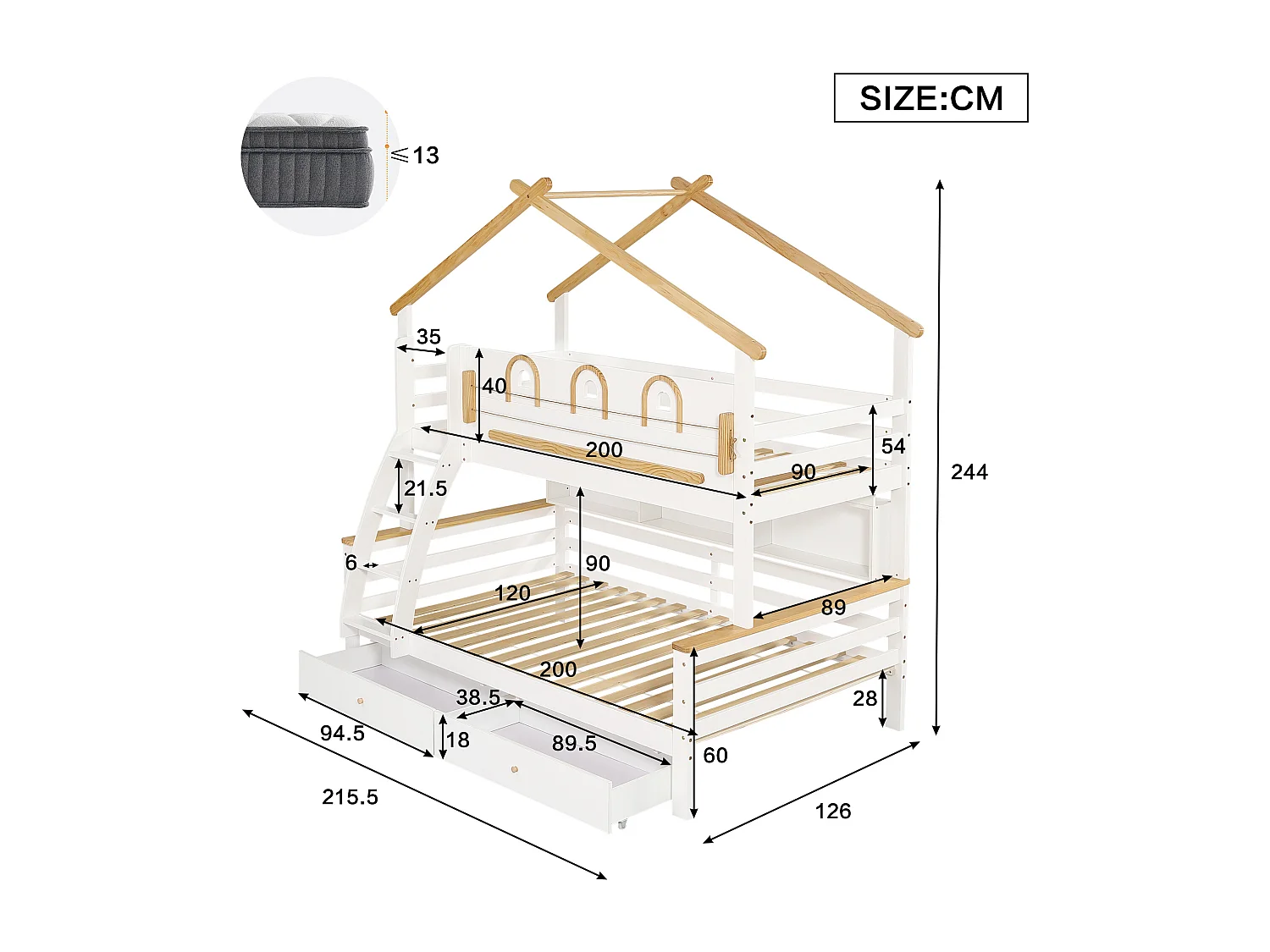 Køjeseng 90x200cm + 120x200cm - med 2 skuffer - med åbne hylder - 4-trins skrå stige - Massivt træ + MDF - Hvid + Naturlig