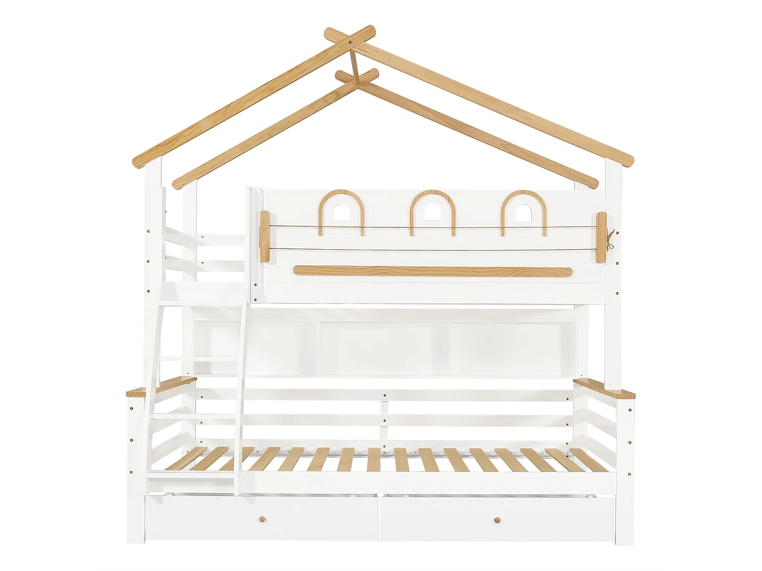 Køjeseng 90x200cm + 120x200cm - med 2 skuffer - med åbne hylder - 4-trins skrå stige - Massivt træ + MDF - Hvid + Naturlig