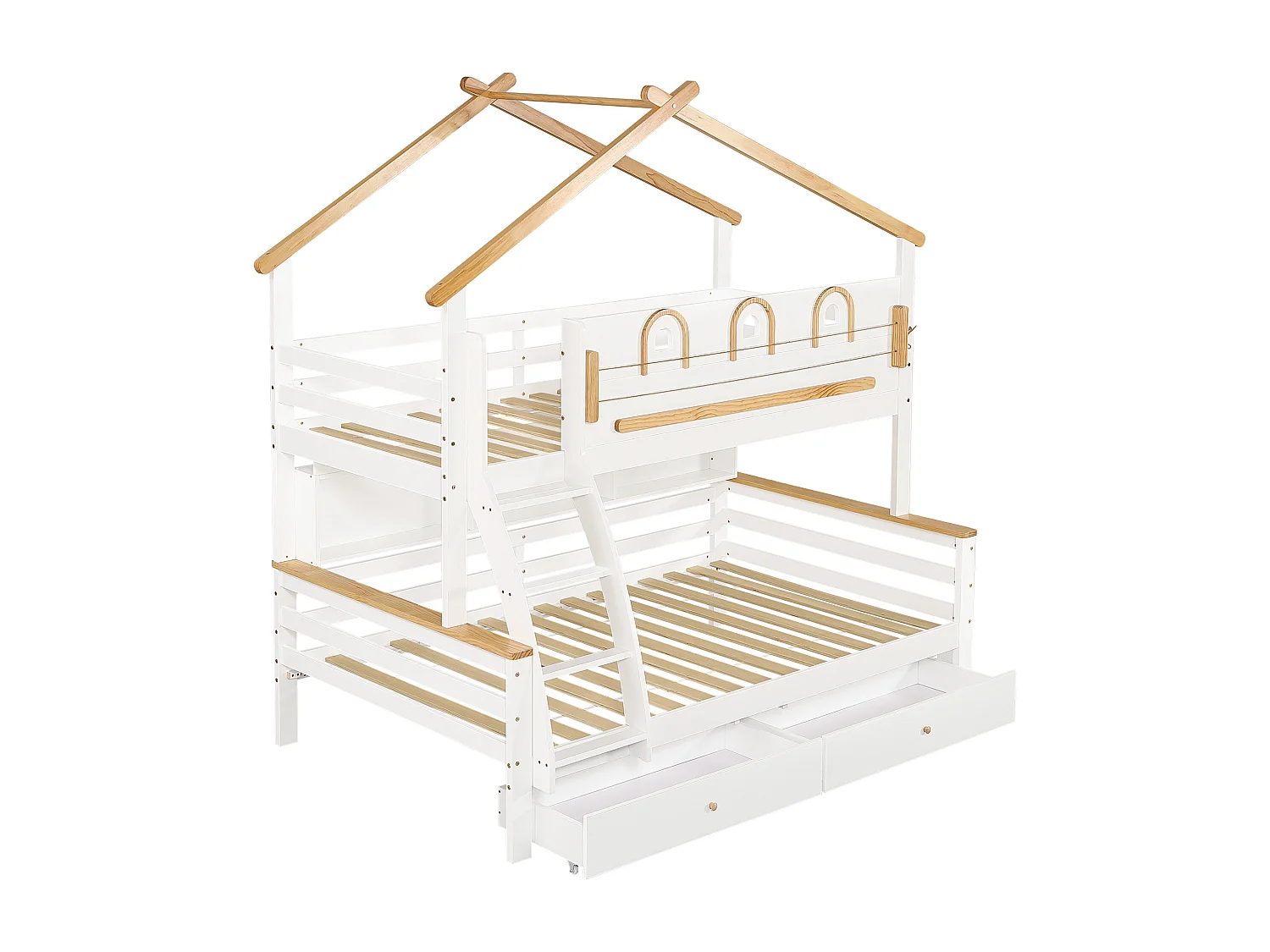 Køjeseng 90x200cm + 120x200cm - med 2 skuffer - med åbne hylder - 4-trins skrå stige - Massivt træ + MDF - Hvid + Naturlig