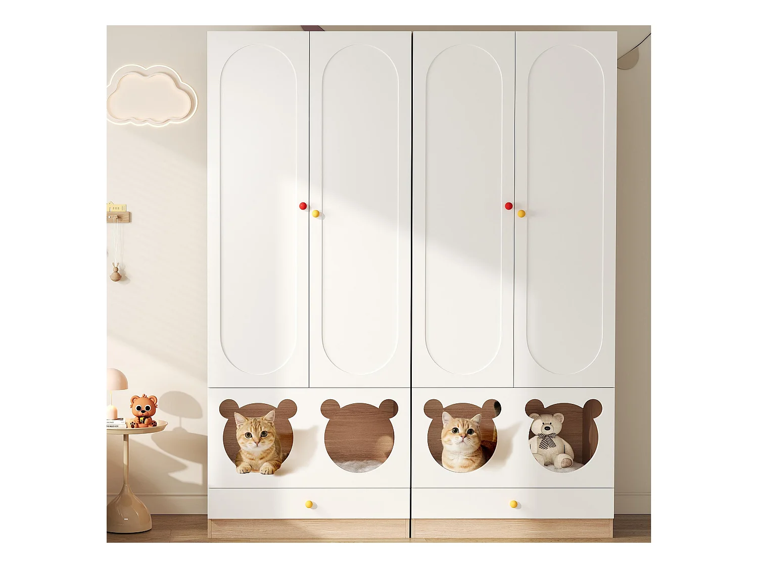 Set aus 2 Kinderkleiderschränken 160x50x200 cm - mit Kleiderstangen - mit Katzenbetten - 4 Türen - weiß + natur