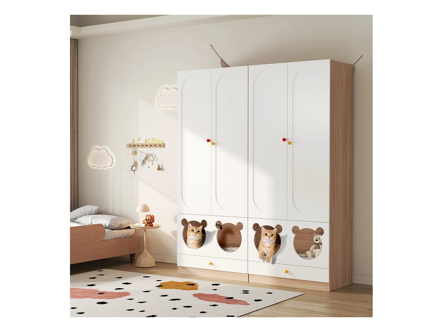 Set aus 2 Kinderkleiderschränken 160x50x200 cm - mit Kleiderstangen - mit Katzenbetten - 4 Türen - weiß + natur