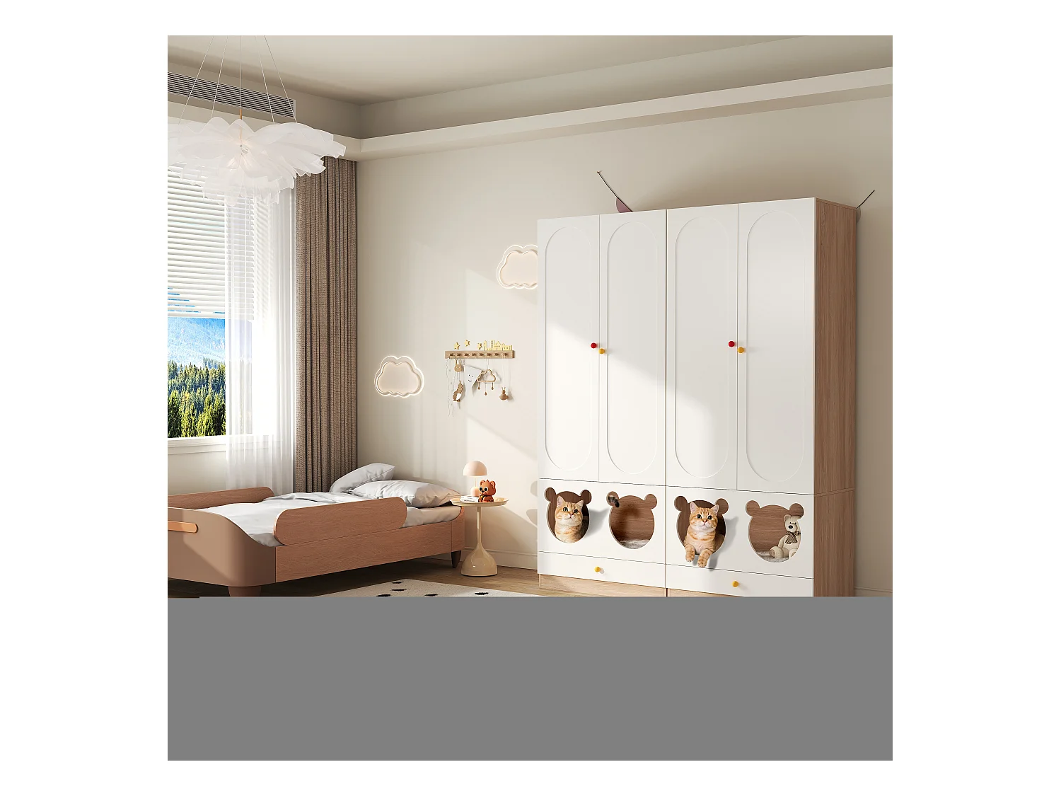 Set aus 2 Kinderkleiderschränken 160x50x200 cm - mit Kleiderstangen - mit Katzenbetten - 4 Türen - weiß + natur