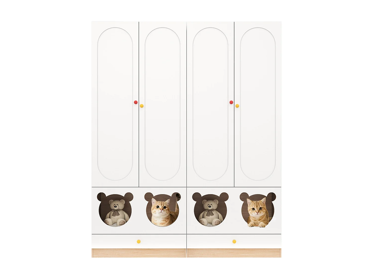 Set aus 2 Kinderkleiderschränken 160x50x200 cm - mit Kleiderstangen - mit Katzenbetten - 4 Türen - weiß + natur