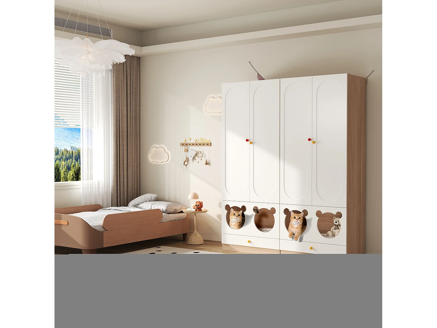 Lot de 2 armoires enfants 160x50x200 cm - avec tringles à vêtements - avec lits pour chats - 4 portes - blanc + naturel