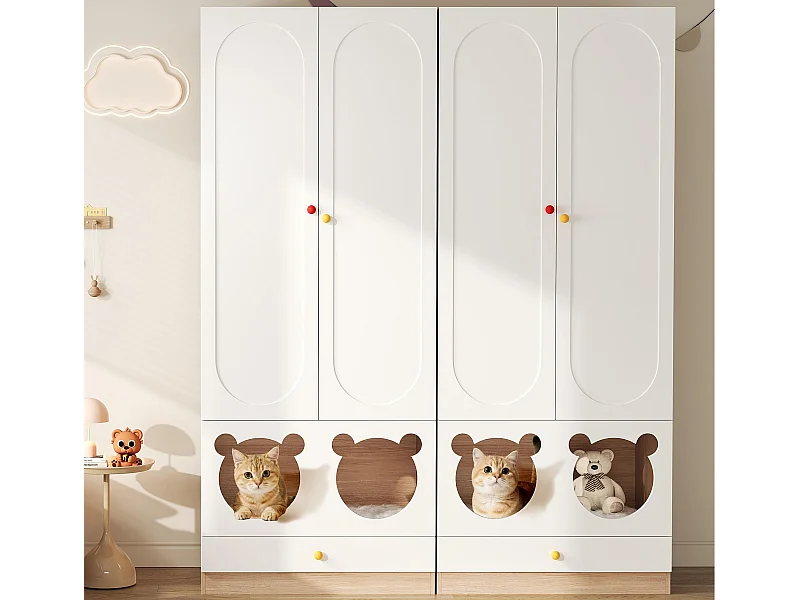 Lot de 2 armoires enfants 160x50x200 cm - avec tringles à vêtements - avec lits pour chats - 4 portes - blanc + naturel
