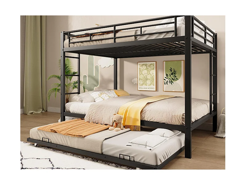 Etagenbett 140x200 cm - mit Ausziehbett - Hohe Sicherheitsbügel - schwarz (Matratze nicht im Lieferumfang enthalten)