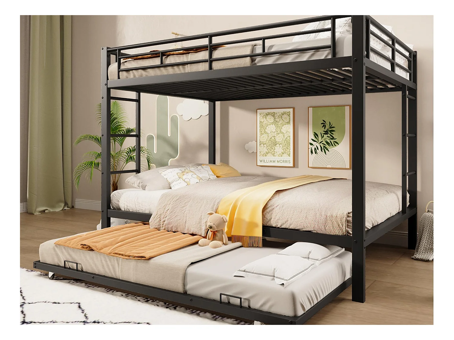 Lit superposé 140x200 cm - avec lit gigogne - Barrières hautes - noir (matelas non inclus)