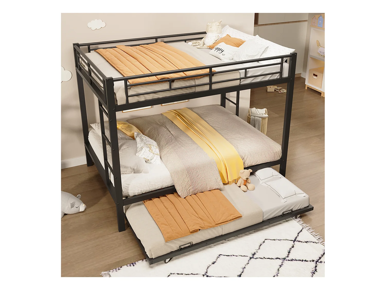 Lit superposé 140x200 cm - avec lit gigogne - Barrières hautes - noir (matelas non inclus)