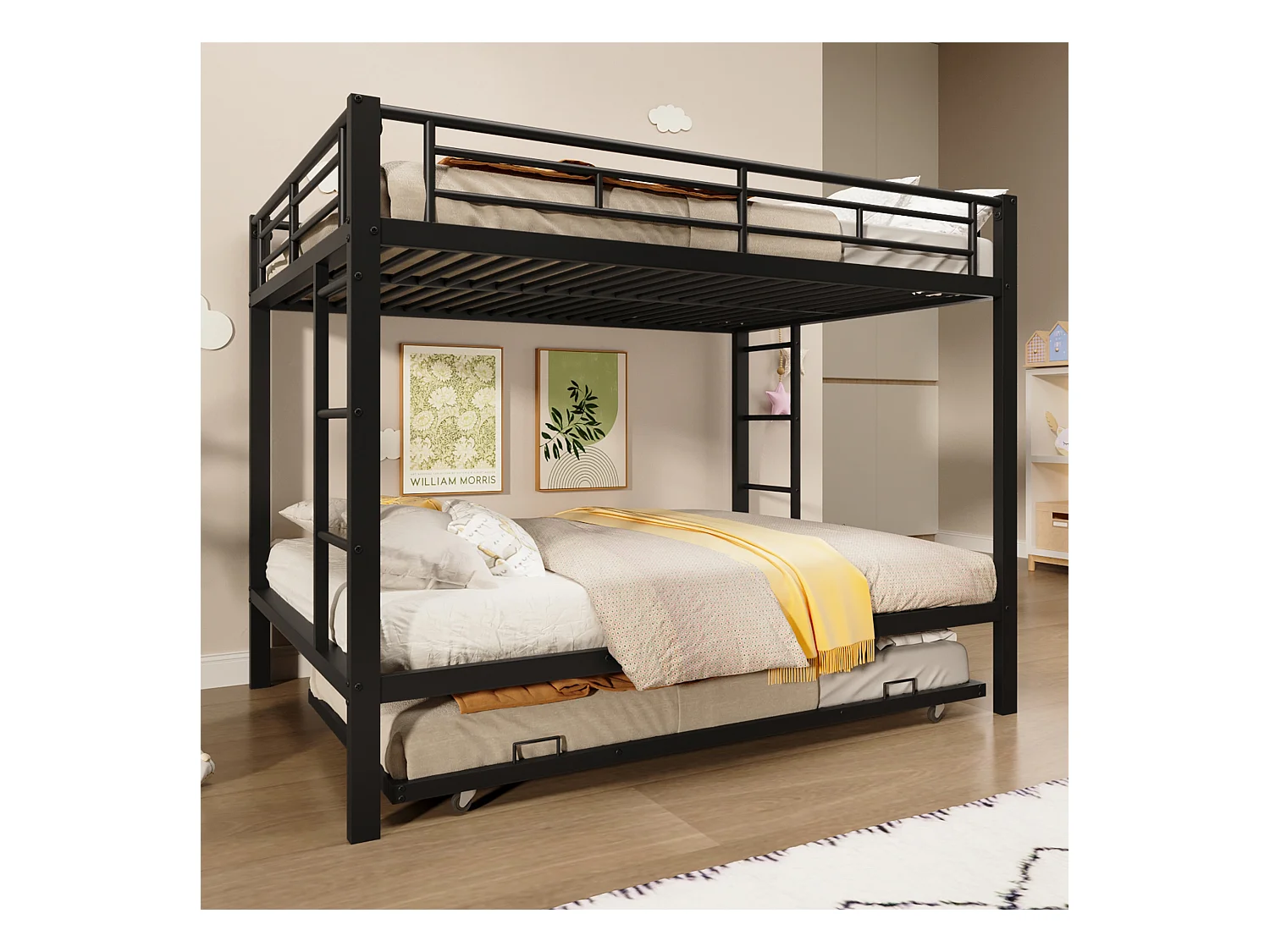 Lit superposé 140x200 cm - avec lit gigogne - Barrières hautes - noir (matelas non inclus)