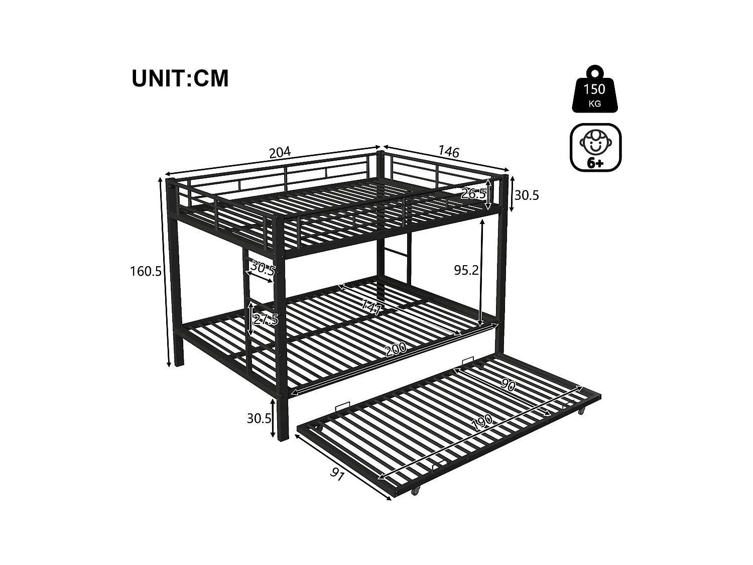 Lit superposé 140x200 cm - avec lit gigogne - Barrières hautes - noir (matelas non inclus)