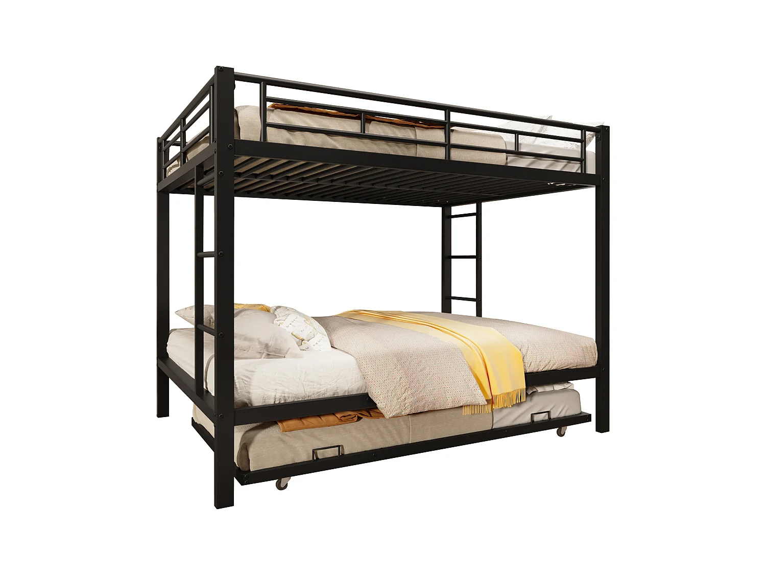 Lit superposé 140x200 cm - avec lit gigogne - Barrières hautes - noir (matelas non inclus)