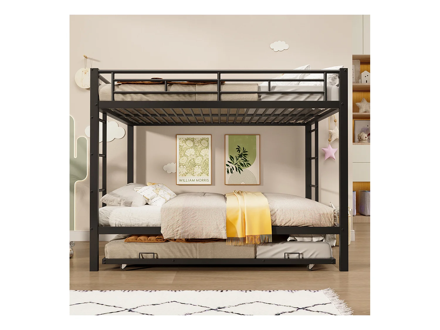 Lit superposé 140x200 cm - avec lit gigogne - Barrières hautes - noir (matelas non inclus)