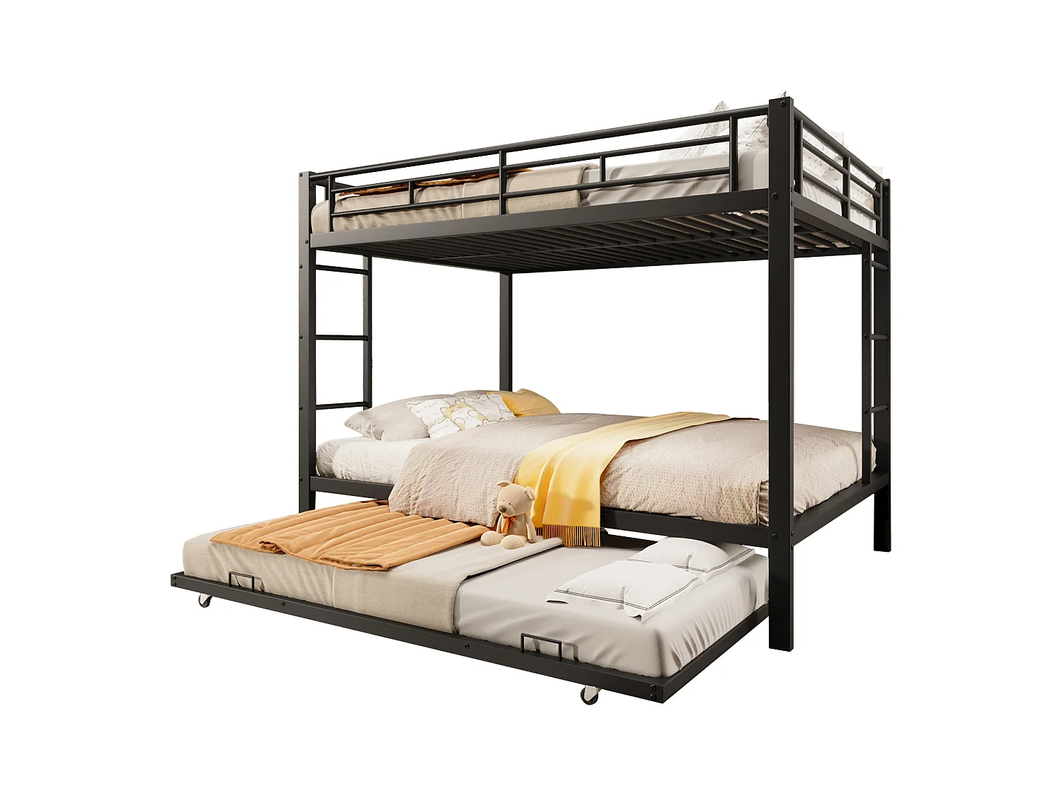 Lit superposé 140x200 cm - avec lit gigogne - Barrières hautes - noir (matelas non inclus)