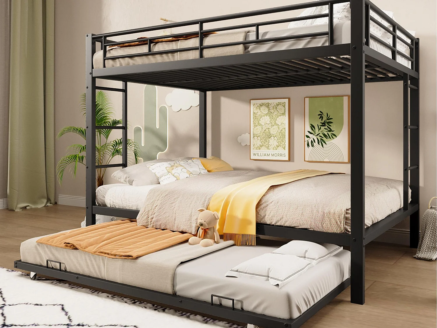 Lit superposé 140x200 cm - avec lit gigogne - Barrières hautes - noir (matelas non inclus)