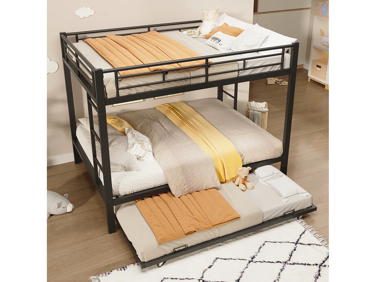 Lit superposé 140x200 cm - avec lit gigogne - Barrières hautes - noir (matelas non inclus)