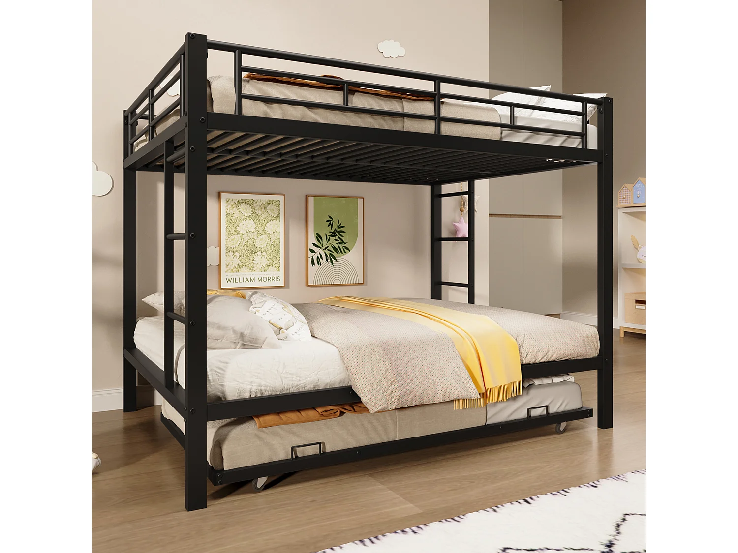 Lit superposé 140x200 cm - avec lit gigogne - Barrières hautes - noir (matelas non inclus)