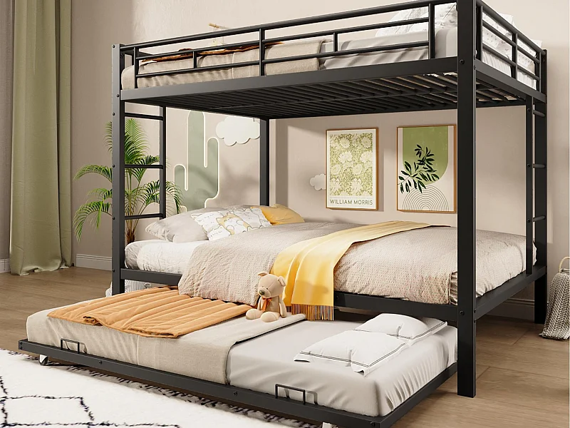 Stapelbed 140x200 cm - Met uitschuifbaar bed - Hoge veiligheidshekken - zwart (matras niet inbegrepen)