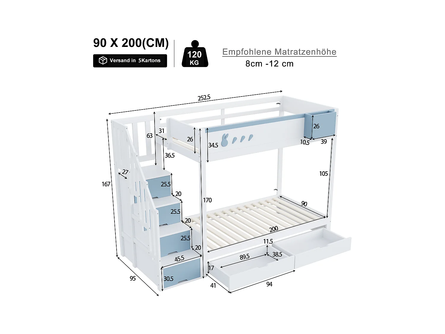 Lit superposé enfant 90x200 cm - coffre de rangement amovible - échelle de sécurité - avec 2 tiroirs - blanc + bleu