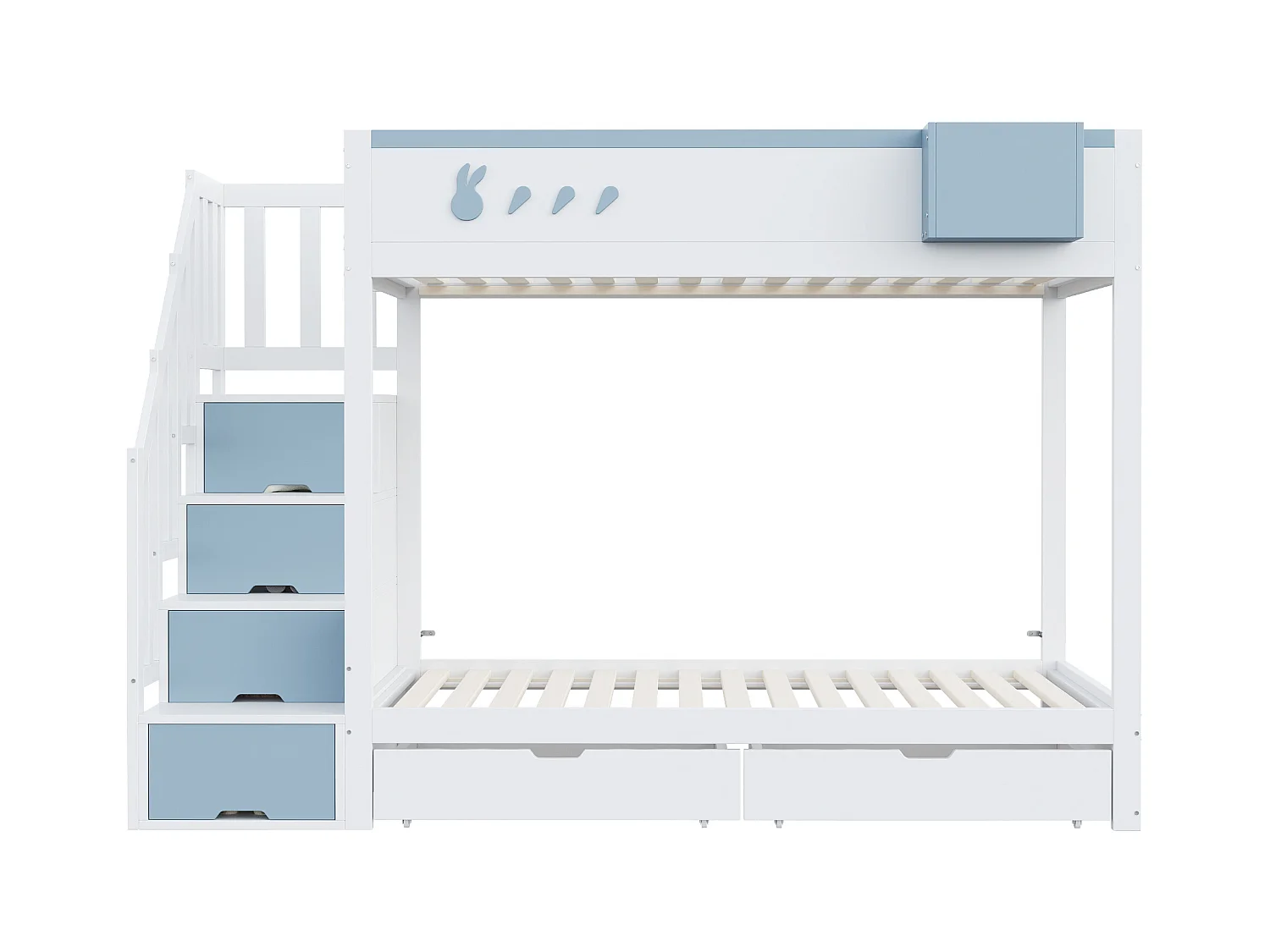 Lit superposé enfant 90x200 cm - coffre de rangement amovible - échelle de sécurité - avec 2 tiroirs - blanc + bleu