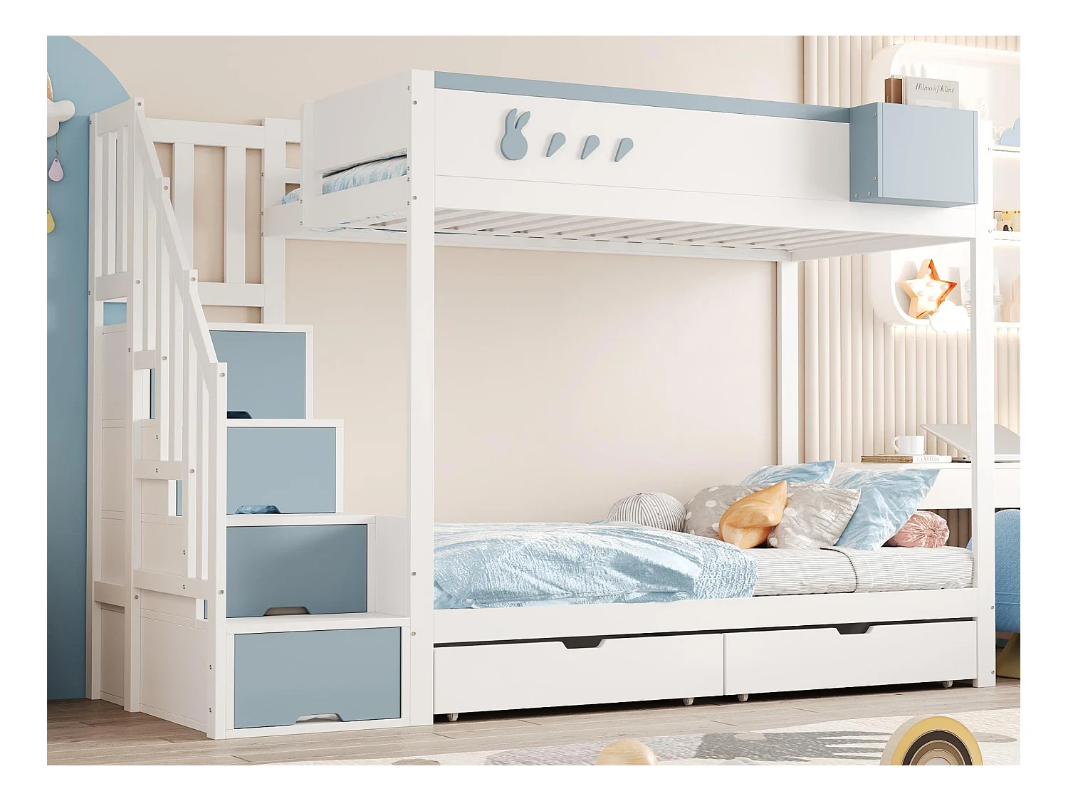 Lit superposé enfant 90x200 cm - coffre de rangement amovible - échelle de sécurité - avec 2 tiroirs - blanc + bleu