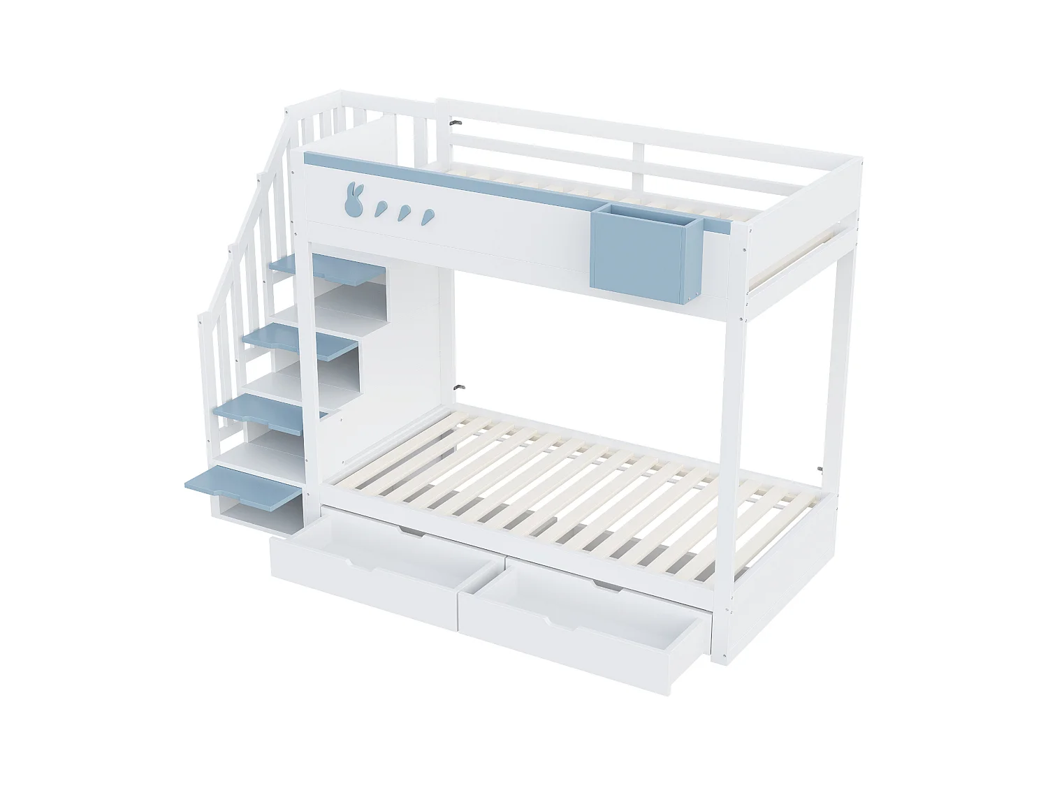 Kinder stapelbed 90x200 cm - afneembare opbergkist - veiligheidsladder - met 2 lades - wit + blau