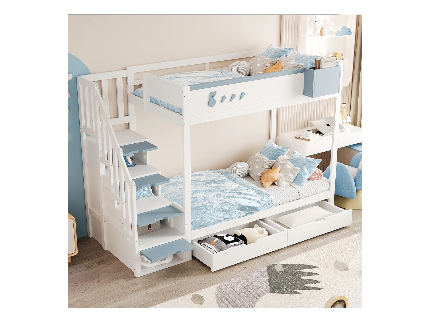 Kinder stapelbed 90x200 cm - afneembare opbergkist - veiligheidsladder - met 2 lades - wit + blau