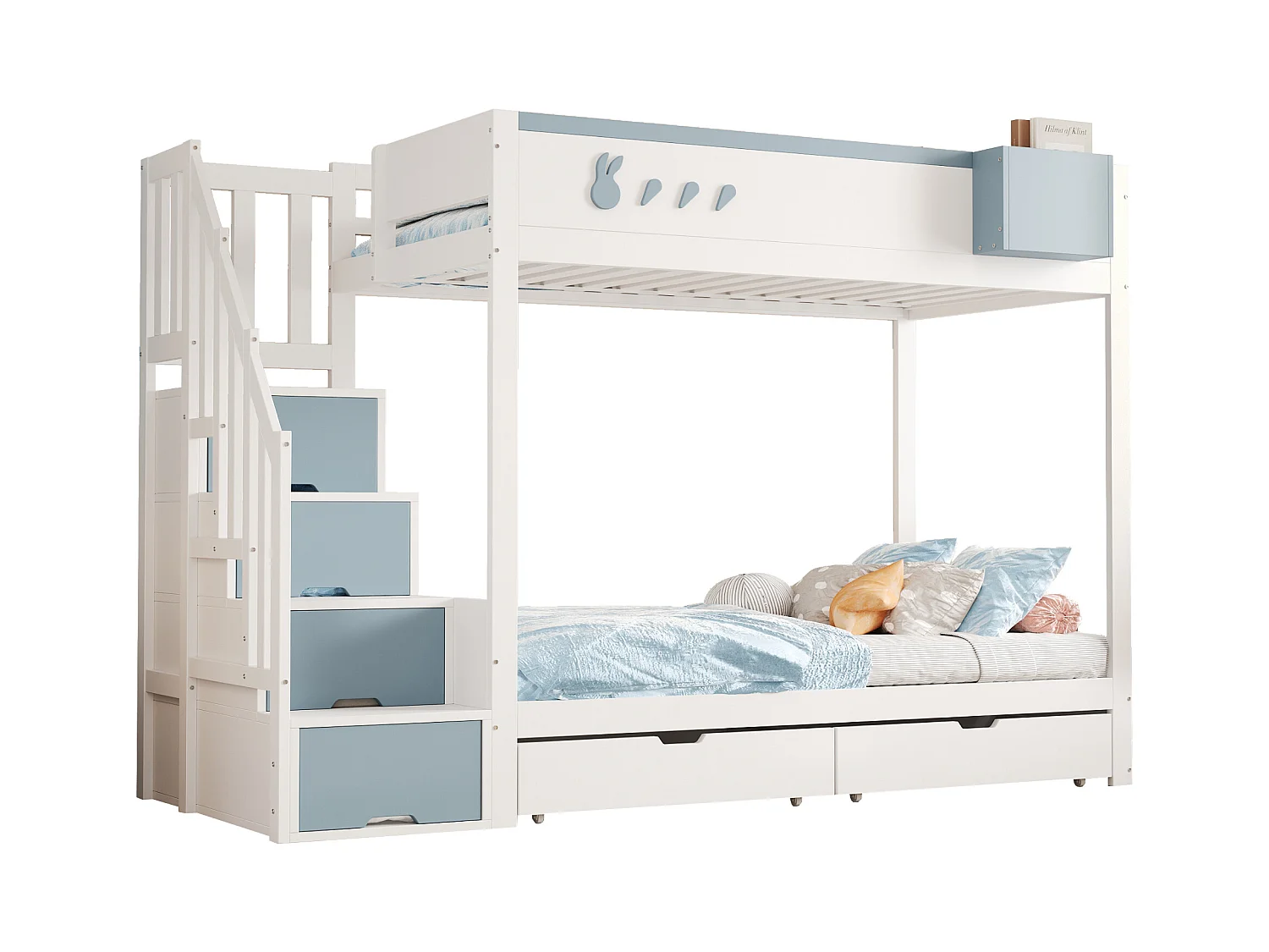 Kinder stapelbed 90x200 cm - afneembare opbergkist - veiligheidsladder - met 2 lades - wit + blau