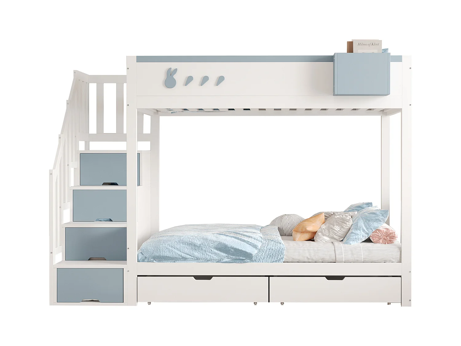 Kinder stapelbed 90x200 cm - afneembare opbergkist - veiligheidsladder - met 2 lades - wit + blau